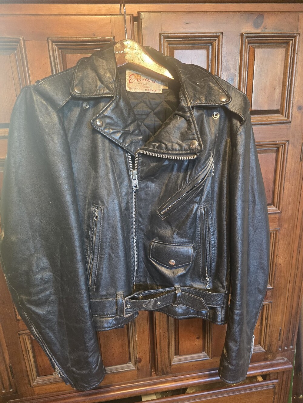VTG 70’s Excelled Motorcycle Jacket Mens Size 40 Black Leather Belted Biker USA